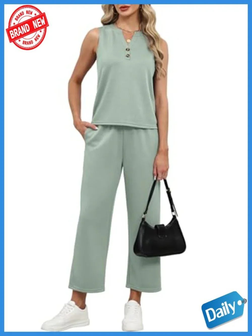 Two Piece Lounge Set V-Neck Tank Wide Leg Pants 60% Polyester 35% Rayon 5%